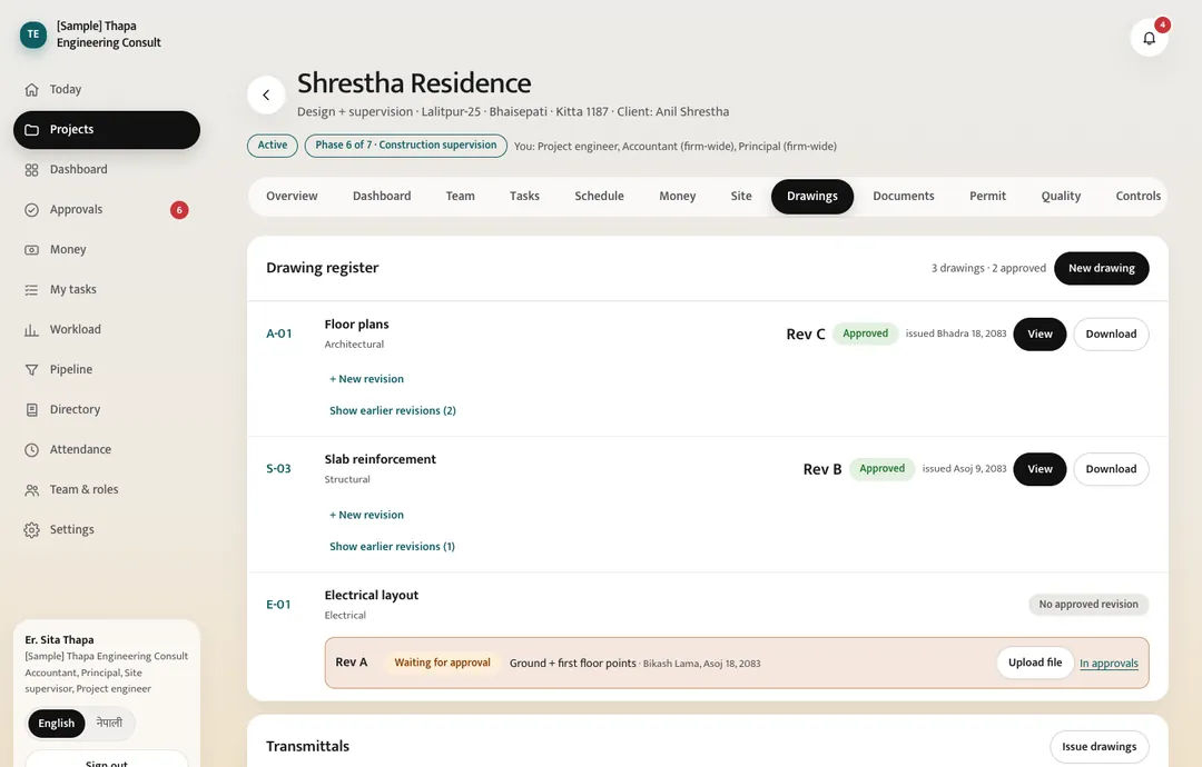 Datumly drawing register for Shrestha Residence: A-01 Floor plans Rev C approved, S-03 Slab reinforcement Rev B approved, E-01 Electrical layout Rev A waiting for approval, and a transmittal to the contractor.