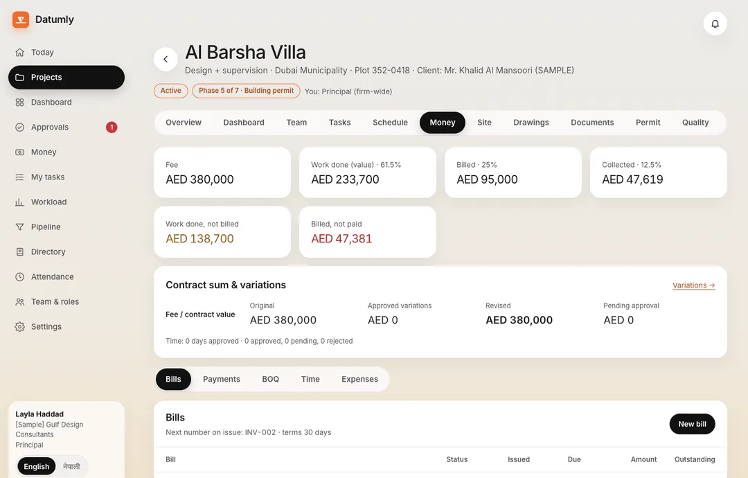 Datumly project money tab: fee, work done value, billed, collected, and a list of bills with statuses waiting for approval, overdue and paid.